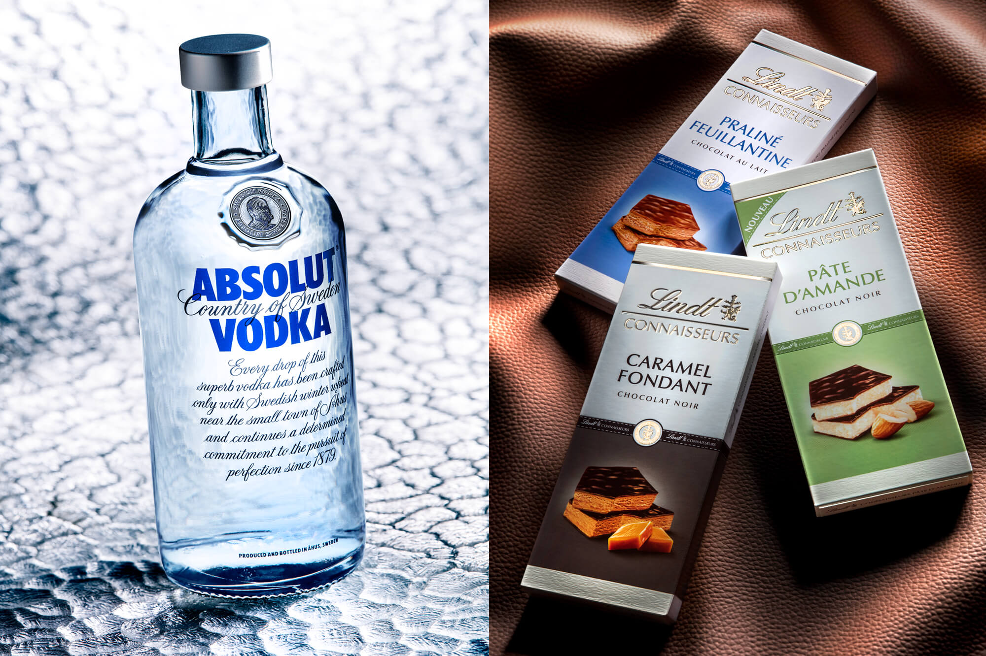 La vodka suédoise Absolut et une étude de style des chocolats Lindt, Antoine Duchene photographe publicitaire